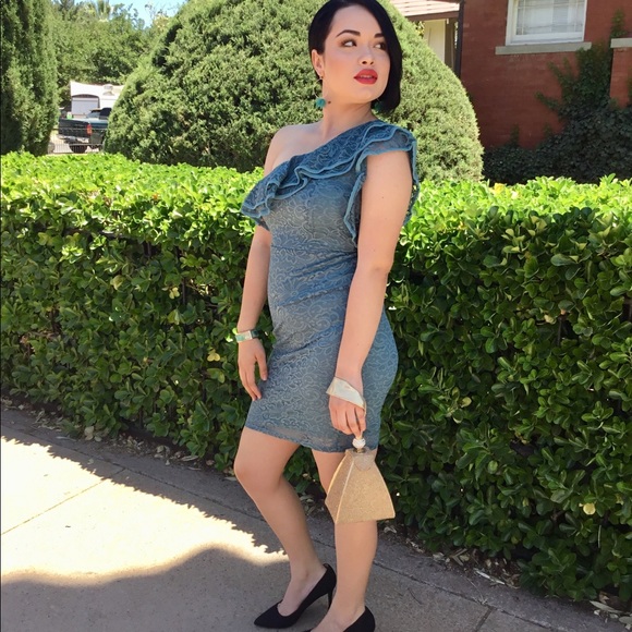 One Shoulder Dress Green-Last One - Picture 2 of 6